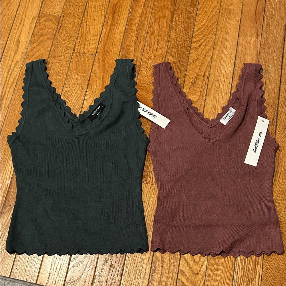 Workshop Republic Clothing Scalloped V-Neck Tank Tops - Dark Green and Maroon